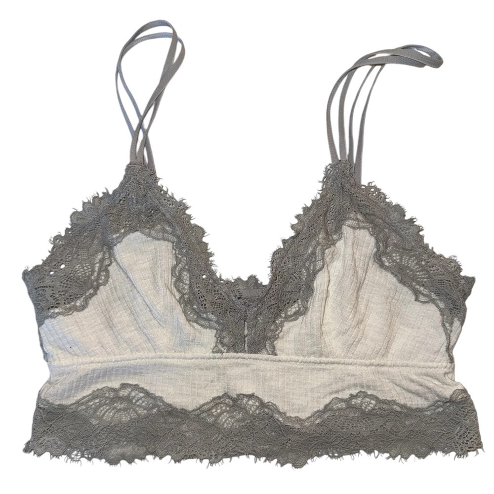 Aerie White Ribbed Gray Lace Lined Longline Bralette S